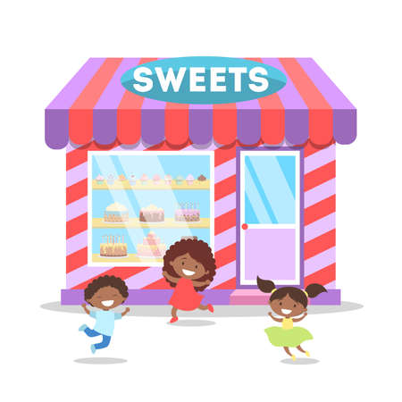 Children running in front of candy shop.のイラスト素材