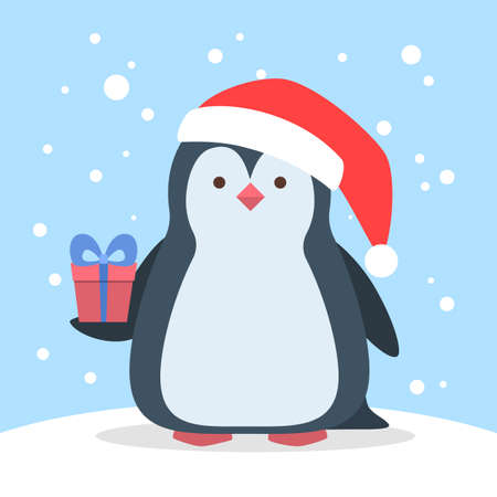 Funny cute christmas penguing in santa hat holding gift box. Merry christmas and a happy New Year celebration. Winter holiday. Flat vector illustrationのイラスト素材