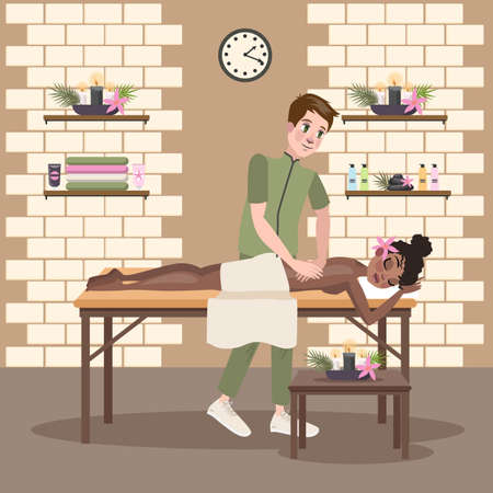 Man making massage for a young pretty womanのイラスト素材