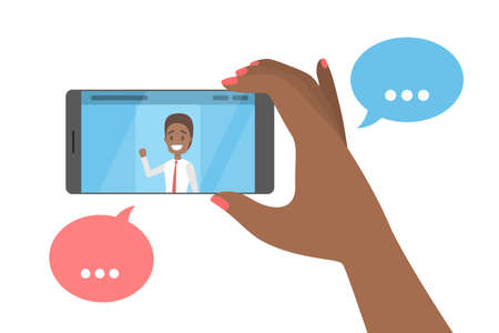 Video chat with friend on the mobile phone. Business conference and remote communication. Digital technology concept. Talking to person online. Isolated flat vector illustrationのイラスト素材