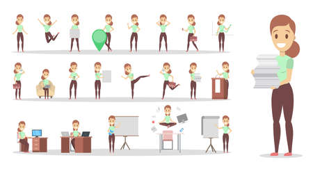 Set of business woman or office worker character with various poses, face emotions and gestures. Talking on the phone, sitting and making presentation. Isolated flat vector illustrationのイラスト素材