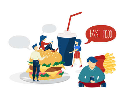 Small people standing around giant fast foodのイラスト素材