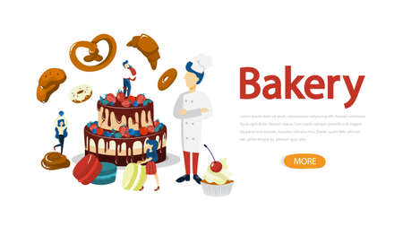 Bakery banner. People standing around baked foodのイラスト素材