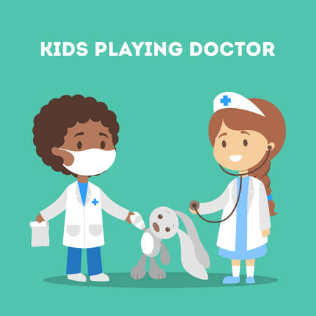 Cute kid in doctor uniform treat toyのイラスト素材