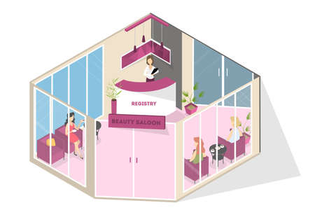Glamour beauty salon and spa reception interior. Beautiful female administrator standing at the counter. Woman sitting on the couch and waiting for her turn. Isolated vector isometric illustrationのイラスト素材