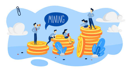 Cryptocurrency mining concept. People working with bitcoin piles around. Idea of blockchain and digital innovation. Flat vector illustrationのイラスト素材