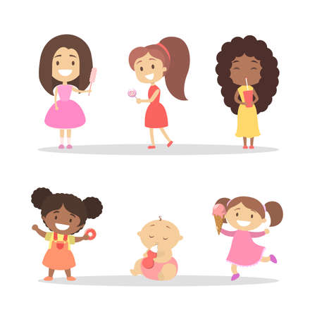 Happy little children eating sweet. Girl with dessert. Young character eat chocolate and cake, candy and drink soda. Flat vector illustrationのイラスト素材
