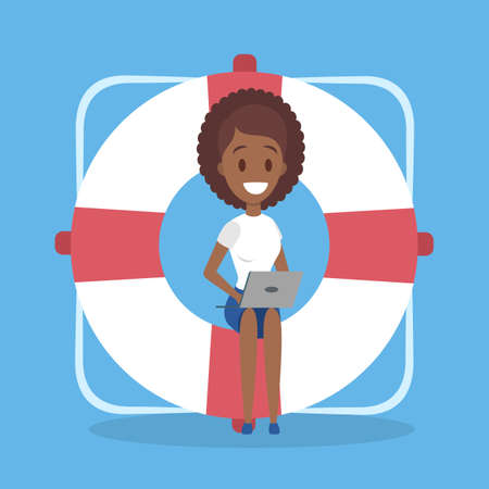 Help and support concept. Woman sitting on a giant lifelineのイラスト素材