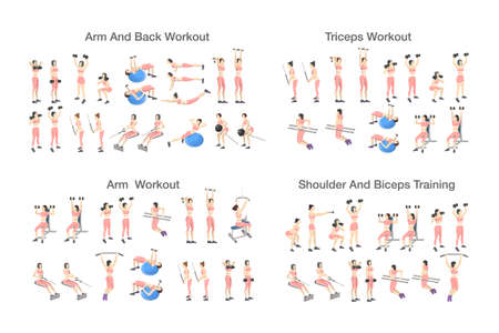 Big set of people doing exercises in the gym. Workout with dumbbell for different groups of muscles. Arm and upper body training for women. Isolated flat vector illustrationのイラスト素材