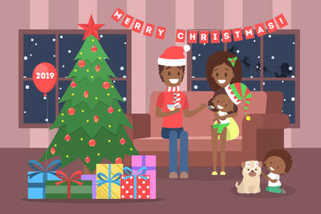 African american family have fun together at christmas tree. Traditional holiday decoration for party. Happy people sitting on the couch with gifts on celebration. Isolated vector illustration flatのイラスト素材