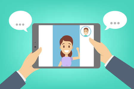 Video chat with friend on tablet computer. Business conference and remote communication. Digital technology concept. Talking to person online. Isolated flat vector illustrationのイラスト素材