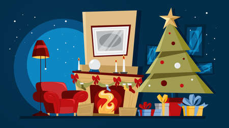 Christmas cozy room with tree and gift boxes.のイラスト素材