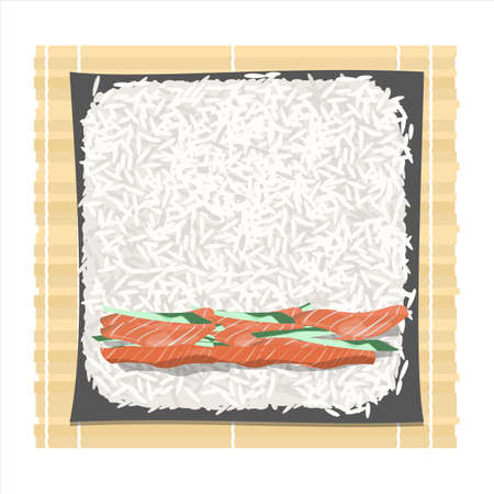 How to make sushi rolls at home guide. Bamboo mat and nori list with rice and salmon on it. Japanese food recipe. Vector flat illustrationのイラスト素材