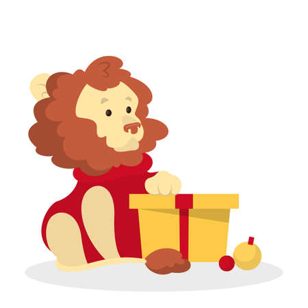 Cute christmas lion character with gift box. Safari animal have fun on winter holiday. Isolated vector illustration in cartoon styleのイラスト素材