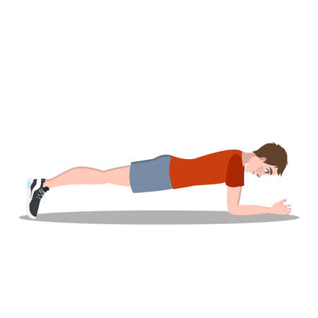 Man doing plank posture exercise for ABS. Fitness workout for perfect body. Training in the gym. Healthy lifestyle and bodybuilding concept. Isolated vector illustrationのイラスト素材