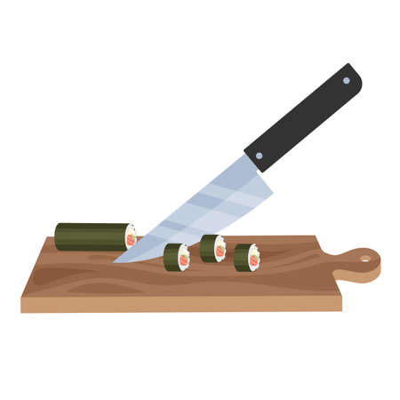 Cutting sushi roll with fish on the board with knife. Asian food making. Delicious japan dinner. Isolated vector illustrationのイラスト素材