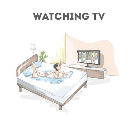 Woman lying on the bed and watch TV. Cozy room with television and comfortable bed. Isolated flat vector illustrationのイラスト素材