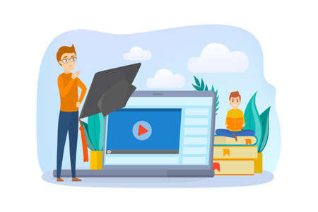 E-learning concept. Using mobile phone for learning and education. People read digital books from library on their smartphones. Flat vector illustrationのイラスト素材