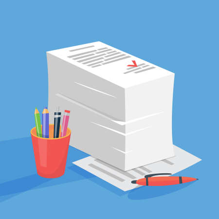 Stack of paper document with stamp on them. Pile of work file. Financial data. Flat vector...