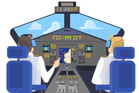 Pilot in cockpit sitting. Control panel in airplaneのイラスト素材