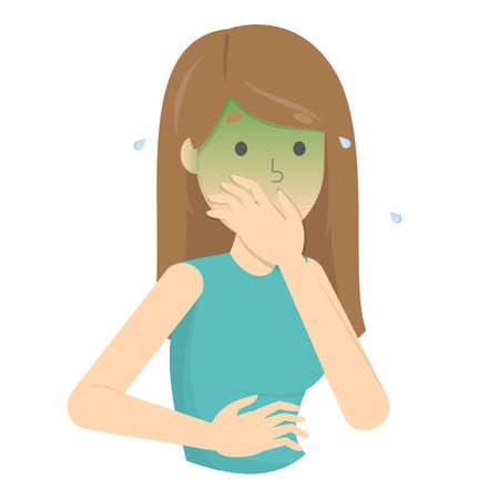 Woman suffer from nausea. Symptom of disease or pregnancy, problem with health. Sickness and illness. Isolated flat vector illustrationのイラスト素材