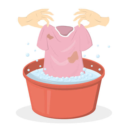 Hand washing clothes in red basin. Idea of laundry and domestic work. Dirty t-shirt. Isolated flat vector illustrationのイラスト素材