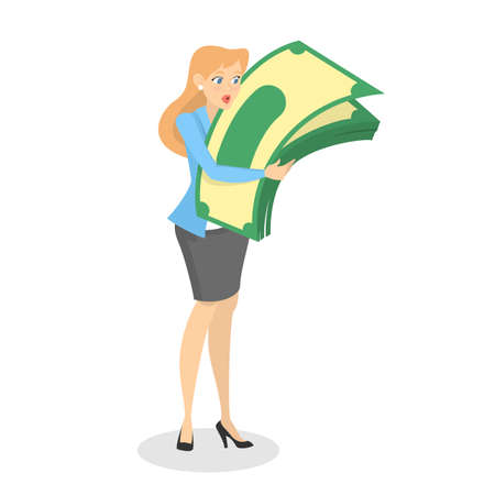 Business woman with money. Happy successfull woman hug a pile of money banknotes. Financial well-being. Isolated vector illustration in cartoon styleのイラスト素材