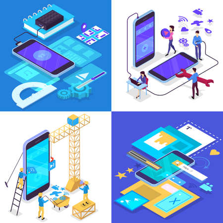 Mobile app development concept set. Modern technology and smartphone interface design. Application building and programming. Vector isometric illustrationのイラスト素材