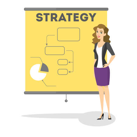 Business strategy concept. Woman standing at the board with marketing plan on it. Flat vector illustrationのイラスト素材