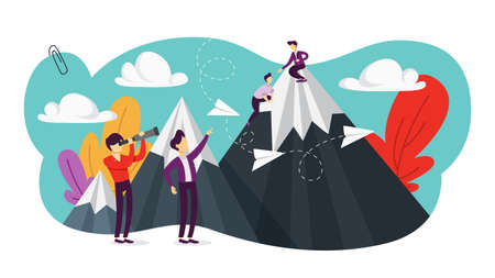 Achievement and success concept. Business career growth and professional improvement. People climb the mountain. Flat vector illustrationのイラスト素材