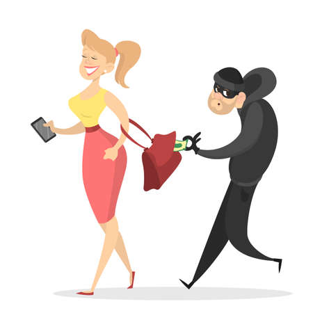 Thief or burglar stealing money from woman bag. Man in the mask with money. Criminal character. Isolated vector illustration in cartoon styleのイラスト素材