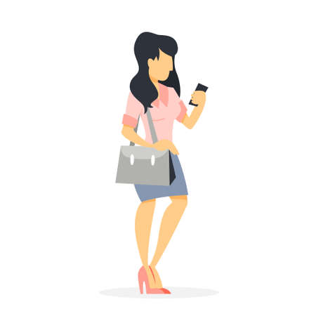 Business woman in suit holding mobile phone in hand and chat or talk. Wireless communication concept. Isolated vector illustration in cartoon styleのイラスト素材
