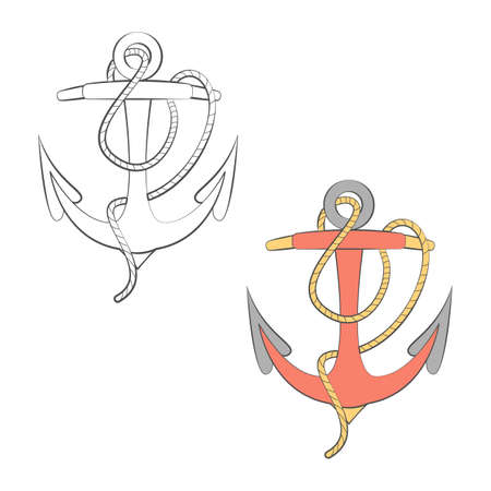Sea anchor tattoo in traditional style. Old school retro symbol. Sailing anchor with rope. Black and white and colored version. Vector flat illustrationのイラスト素材