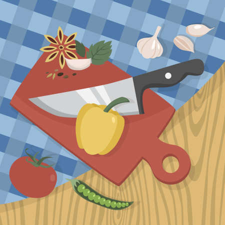 Cutting food on the wooden board with sharp knife. Fresh pepper and tomato. Prepare healthy meal on the kitchen. Isolated vector illustrationのイラスト素材