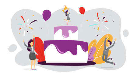 Big cake and people around celebrate success. Party for birthday or anniversary. Decoration for poster. solated flat vector illustrationのイラスト素材