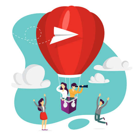 We are hiring. People on the red air balloon looking for a job candidate. Idea of recruitment and headhunting. Searching for employee for business team. Flat vector illustrationのイラスト素材