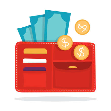 Big wallet with the currency. Idea of personal finance. Money inside, coin and banknote. Earnings and budget metaphor. Flat vector illustrationのイラスト素材