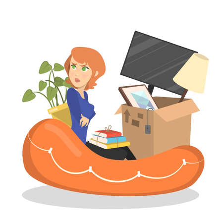 Woman in boat in the flooded apartment. Emergency case and plumbing problem. Accident in the room. Isolated vector illustration in cartoon styleのイラスト素材