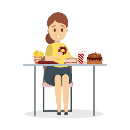 Fat woman eating fast food. Unhealthy nutrition concept. Cake and french fries for dinner. Junk food addiction. Isolated flat vector illustrationのイラスト素材