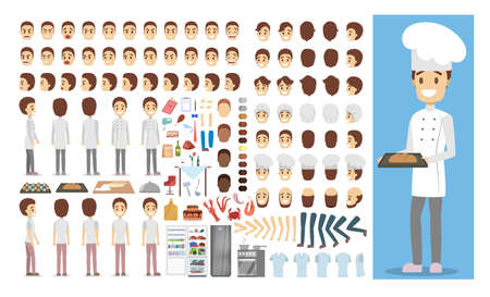 Chef male character in uniform set or kit for animation with various views, hairstyle, emotion, pose and gesture. Different equipment for cook and food. Isolated flat vector illustrationのイラスト素材