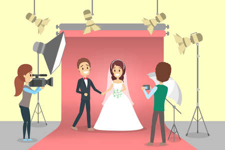 Wedding couple in the photostudio making photoshoot for memory. Happy beautiful bride and handsome groom. Various equipment such as camera and light. Flat vector illustrationのイラスト素材