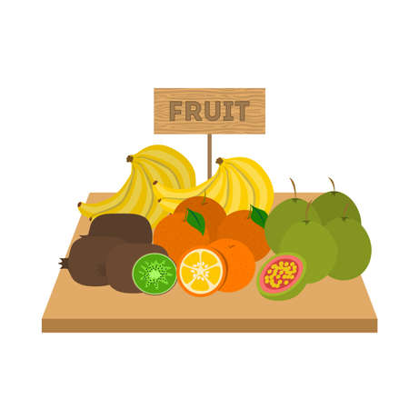 Set of fruits. Food on wooden table. Market with healthy food. Apple and banana, orange and kiwi. Isolated flat vector illustrationのイラスト素材