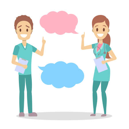 Male and female doctor talk using speech bubble. People from clinic make recommendation. Isolated flat vector illustrationのイラスト素材
