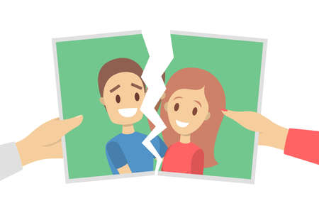Torn photo of couple. Idea of divorce and break upのイラスト素材