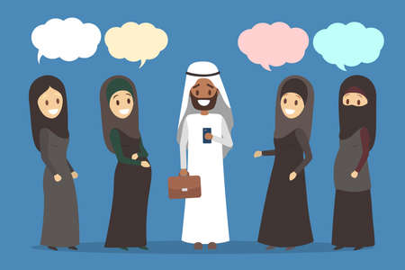 Polygamy arabic family. Girl in hijab. Man with many wifesのイラスト素材