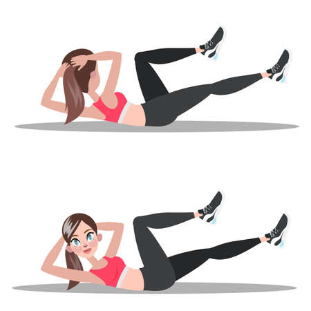 Woman doing crunches in the gym. Belly burn workout. Girl make exercise. ABS workout. Healthy and active lifestyle. Isolated vector illustrationのイラスト素材
