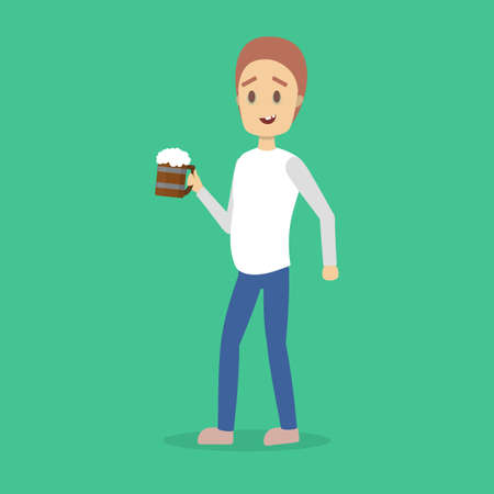 Drunk man with alcohol addiction with cup of beer. Male character addict to unhealthy habit. Vector flat illustrationのイラスト素材