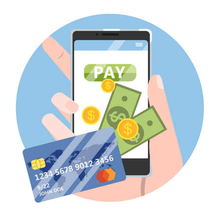 Mobile payment. Idea of a digital transaction through modern device. Electronic technology concept. Vector illustration in cartoon styleのイラスト素材
