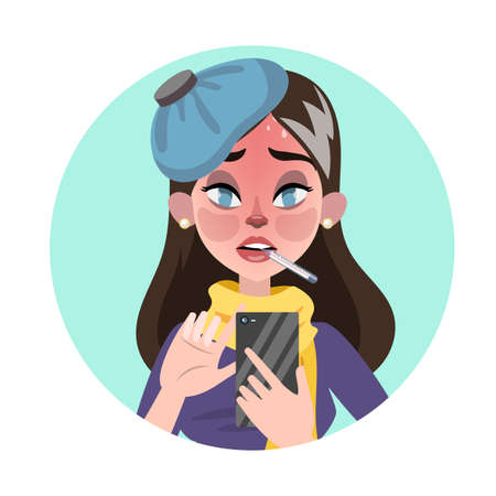 Ill woman holding mobile phone and tap on screen. Person with gadget. Vector illustration in cartoon styleのイラスト素材
