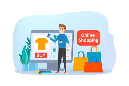 Online shopping on website. Buy clothes online. E-commerce and delivery concept. Order goods and get them fast and easy. Isolated vector illustrationのイラスト素材